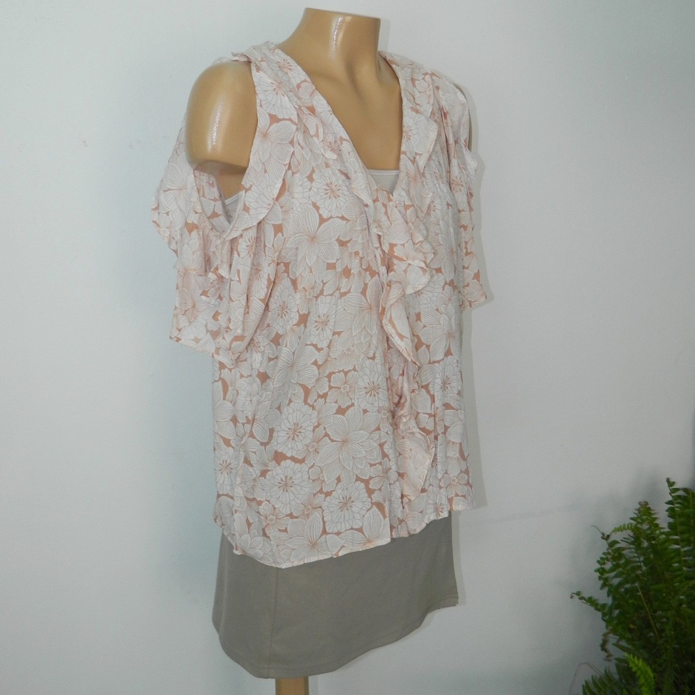 Como Blu Ruffle Cold Shoulder Blouse Womens Large Peach Floral New Cottagecore